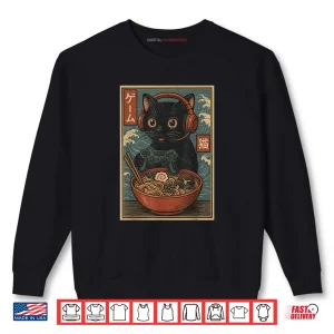 Sweatshirt Cute Kawaii Gamer Cat Ramen Retro Japanese Cat Gaming Shirt