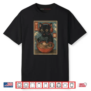 Cute Kawaii Gamer Cat Ramen Retro Japanese Cat Gaming Shirt