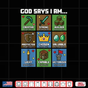 Design God Says I Am Bible Verses Pixel Art Christian Gamer Boys Shirt