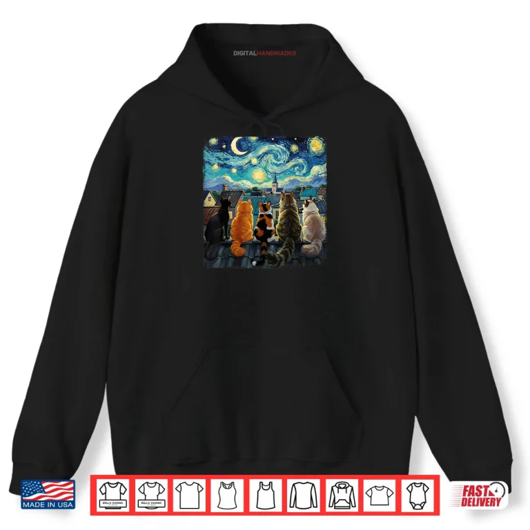 Hoodie Cat Starry Night Van Gogh Cats Rooftop Scene Feline Shirt