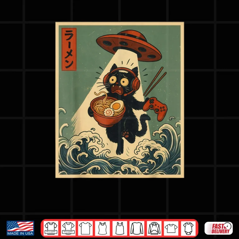 Design Cat Gamer Ramen UFO Vintage Japanese Anime Gaming Shirt
