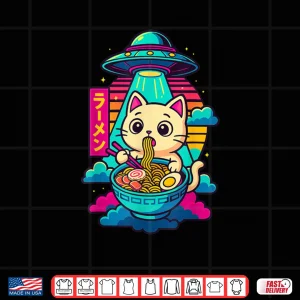 Design Kawaii Cat Alien UFO Ramen Graphic Japanese Anime Shirt