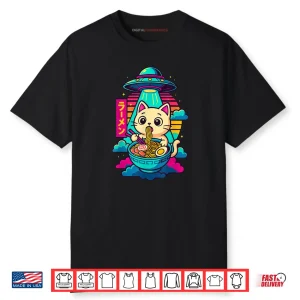 Kawaii Cat Alien UFO Ramen Graphic Japanese Anime Shirt