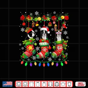 Three Santa Elf Boston Terriers in Colorful Christmas Socks Shirt 4 Design Three Santa Elf Boston Terriers in Colorful Christmas Socks Shirt