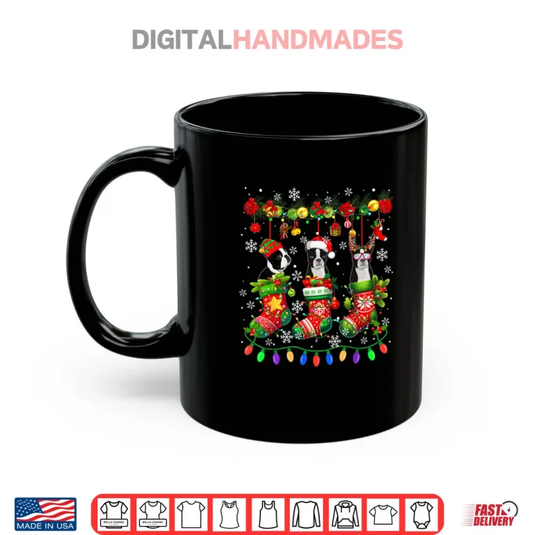 Mug Three Santa Elf Boston Terriers in Colorful Christmas Socks Shirt