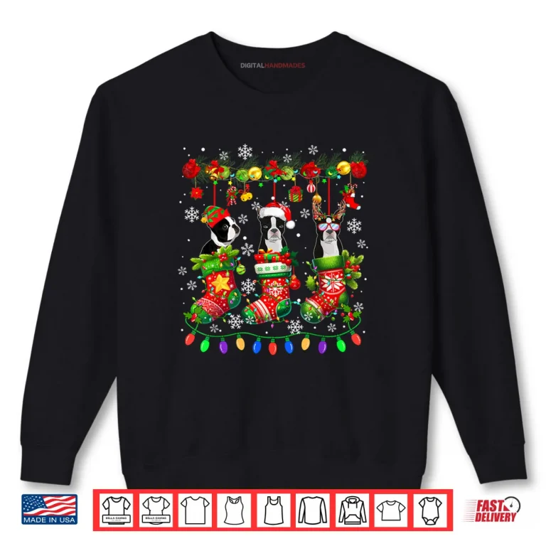 Sweatshirt Three Santa Elf Boston Terriers in Colorful Christmas Socks Shirt