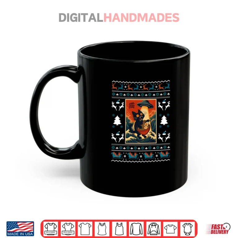 Mug Cat Ramen UFO Funny Japanese Ugly Xmas Shirt